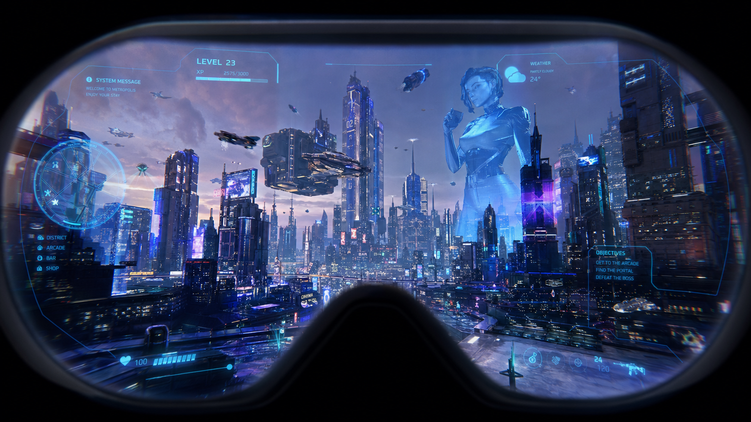 Neon cyberpunk city VR exploration